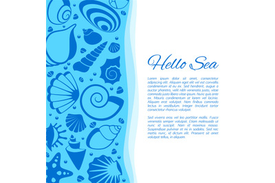 Summer vector background with seashell frame. Seaside holiday card dec