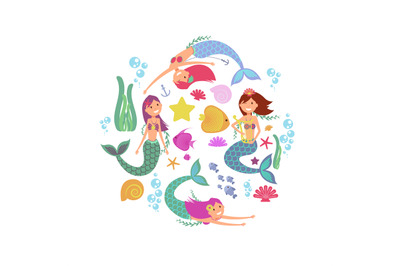 Cartoon swimming mermaids and sea underwater animals vector collection