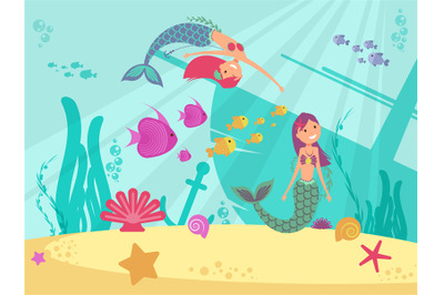 Cartoon fairytale underwater vector background with mermaids