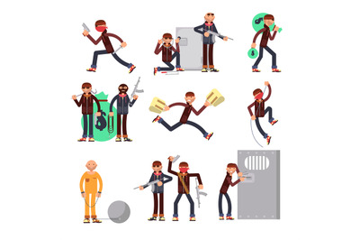 Criminal offender in different actions vector set. Burglar and thief c