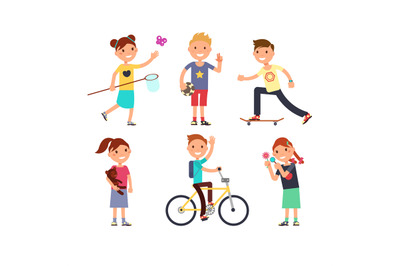 Playing children with toys. Happy kids in playground vector set