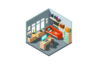 Isometric home office interior. 3d workspace with computer and furnitu