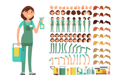 Cleaning company employee. Woman cleaner vector character. Creation co