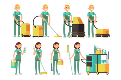 Cleaner vector characters with cleaning equipment. Cleaning company te