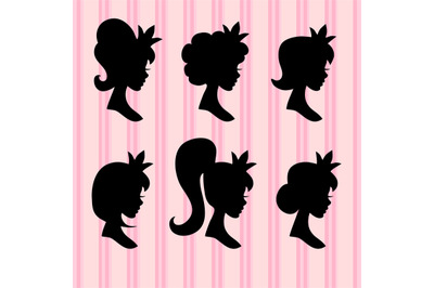 Little princesses vector portrait. Young girl faces with crown black p