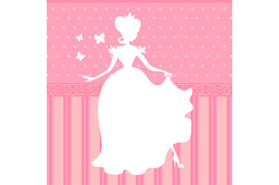 Retro vector pink background with little beautiful princess silhouette