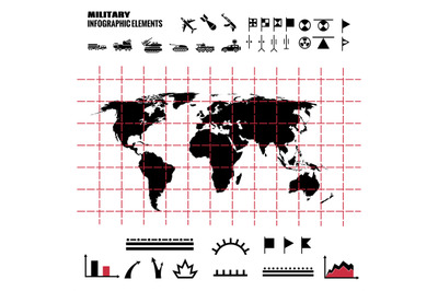 Military infographics elements with world map and icons