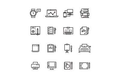 Creative, science, writing tools line icons set