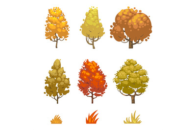 Cartoon style autumn trees and grass isolated on white background