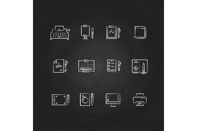 Writing tools line icons on chalkboard design