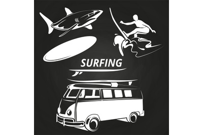 Vintage surfing elements on chalkboard design