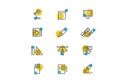 Office stationery thin line icons collection