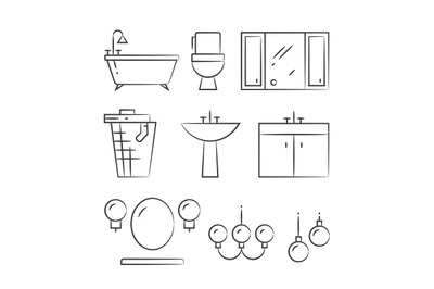 Bathroom furniture and lighting hand drawn line icons