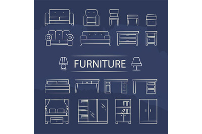 Living room furniture and table lamps line icons set