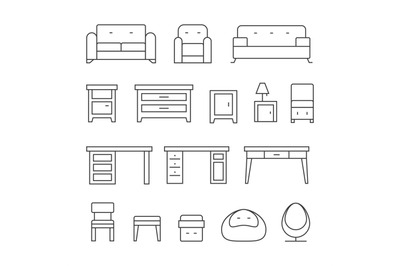 Living room furniture line icons set