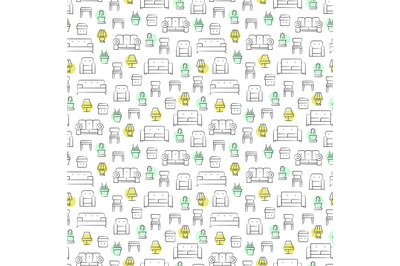 Living room furniture, lamps and pot plants seamless pattern