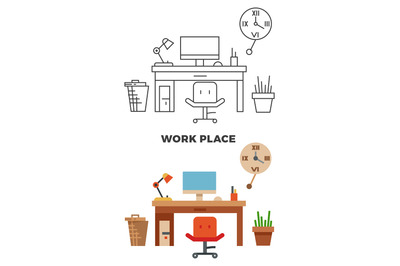 Work place concept - flat style and thin line style workplace