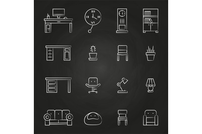 Work room furniture icons on chalkboard