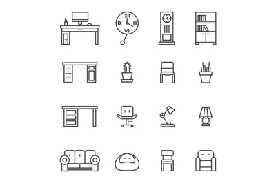 Work room furniture thin line icons