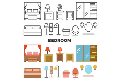 Bedroom furniture and accessories collection - flat furniture icons