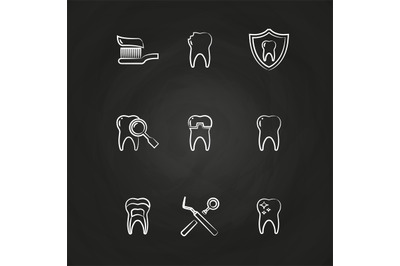Dental icons set - teeth line icons on chalkboard