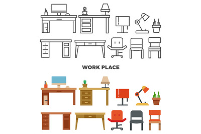 Work place furniture and collection - flat home design icons