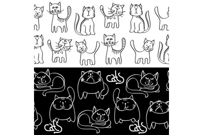 Black and white doodle cats seamless borders