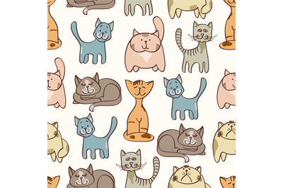 Hand drawn cute cats seamless pattern - pets seamless background