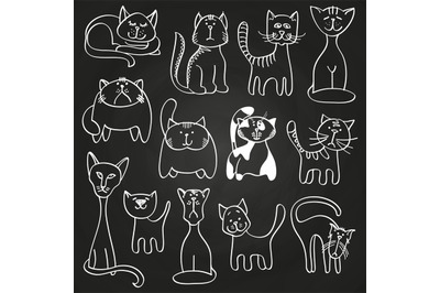 Hand drawn doodle cats set on blackboard