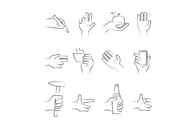 Hand drawn hand icons with tools and other objects