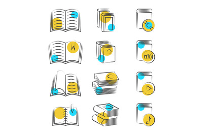 Hand drawn line book icons on white background