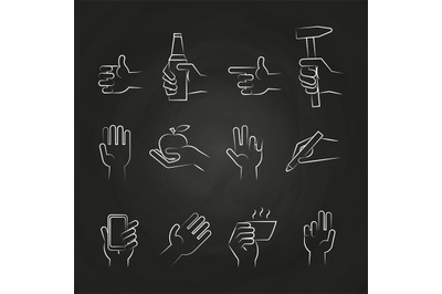 Hand icons with tools and elements on chalkboard