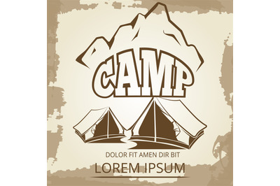 Camping label with tents and mountains on vintage background