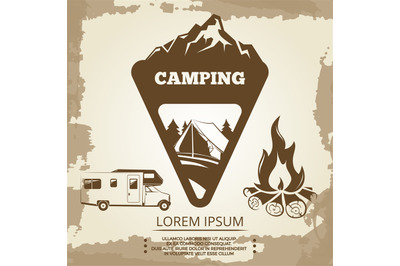 Camping label&2C; bonfire and travel bus
