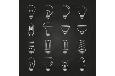 Light bulbs hand drawn icons on chalkboard