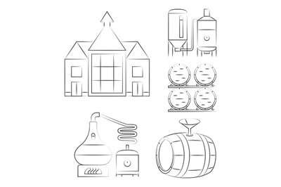 Whiskey thin line icons - outline whisky process logos
