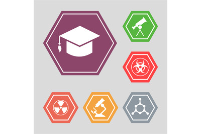White science vector icons - molecule, hat, microscope