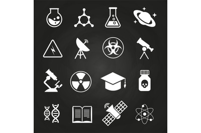 White science vector icons on chalkboard