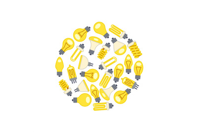 Yellow light bulbs icons in circle on white background