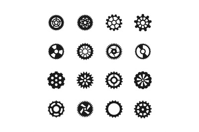 Gear vector icons. Transmission with cogwheel and mechanism gears symb