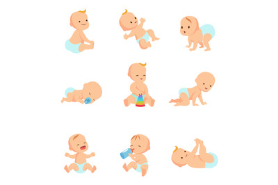 Infant baby vector characters. Newborn in different activity isolated