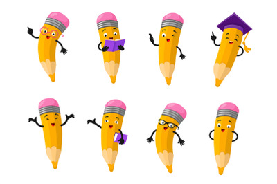 Cartoon clever pencil character vector set