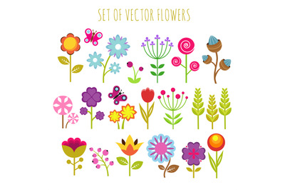 Bright child garden flowers and butterfly vector set