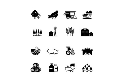 Organic farm and agriculture vector silhouette icons isolated