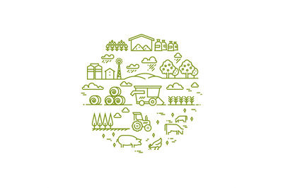 Rural landscape and agriculture farming thin line icons