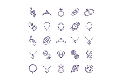 Expensive gold jewelry with diamond vector line icons and wedding acce