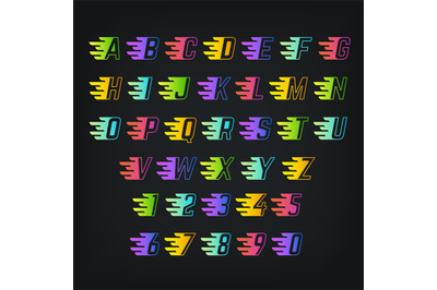 Energy color alphabet. Letters with speed lines. Graffiti or sports ve