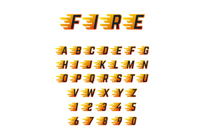 Burning running letters with flame. Hot fire vector font alphabet for