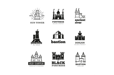 Medieval castle and knight fortress vector ancient royal logo set