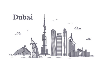 Detailed dubai line vector cityscape with skyscrapers. Uae landmark sk